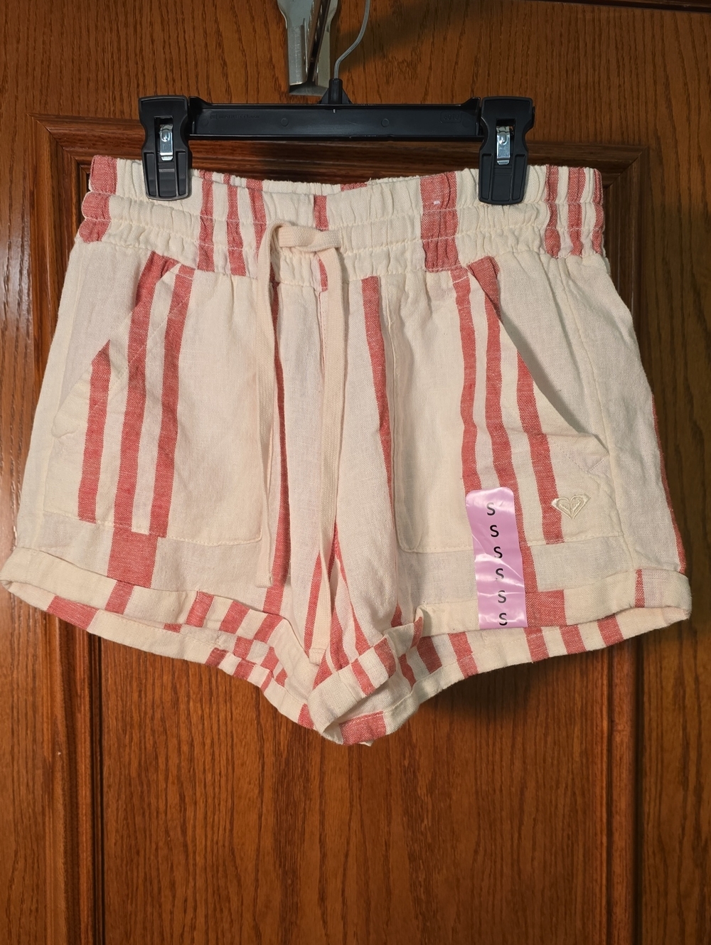 Roxy,Cream & Coral Striped Drawstring Shorts